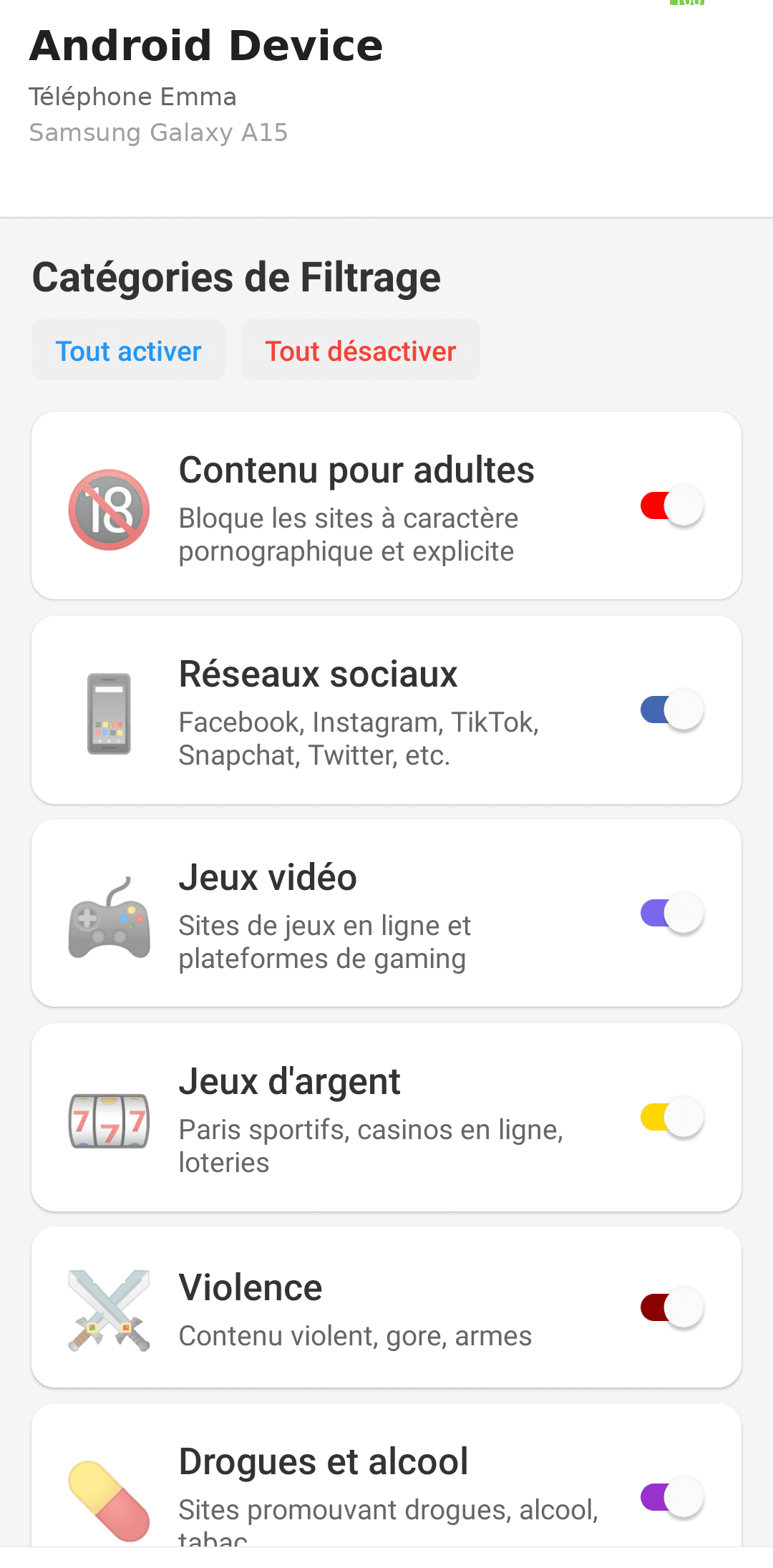16 catégories de filtrage